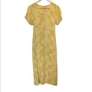 Yellow Palm Print Short Sleeve Scoop Neck Button Back Long Maxi Dress 1 (S)